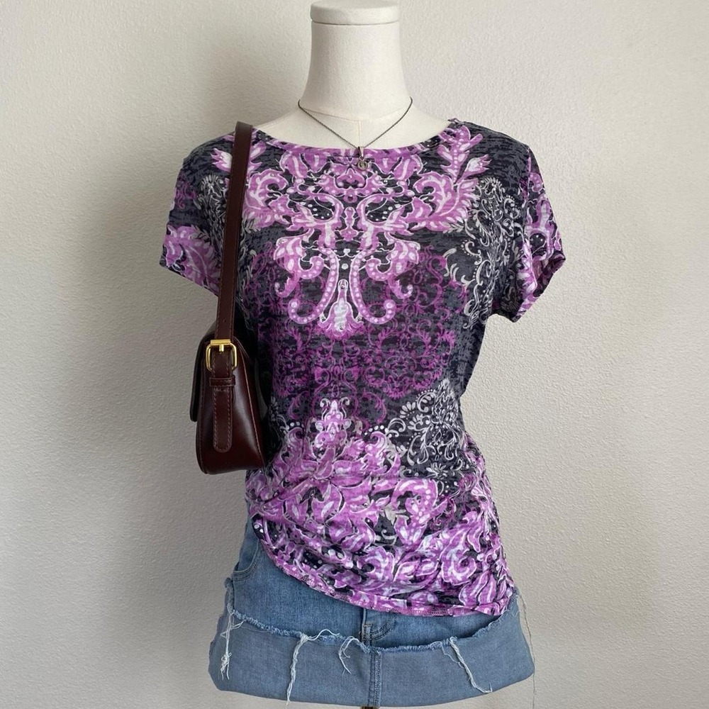 INC International Concepts Y2K Black Purple Short Sleeve Ornate Rhinestone